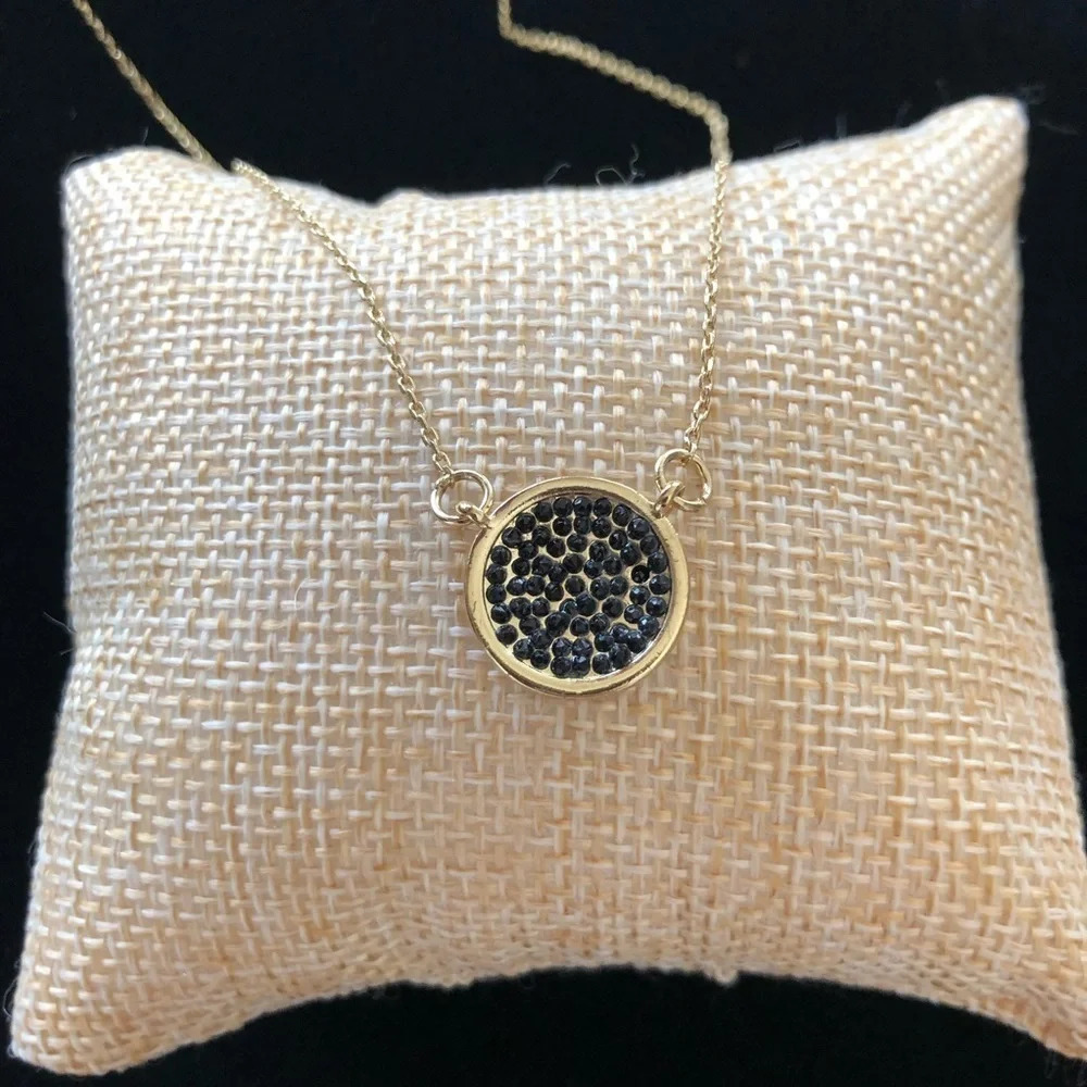 Gold‎ Tone Round Circle Black Crystal Accent Necklace 14”-16” Fashion Jewelry